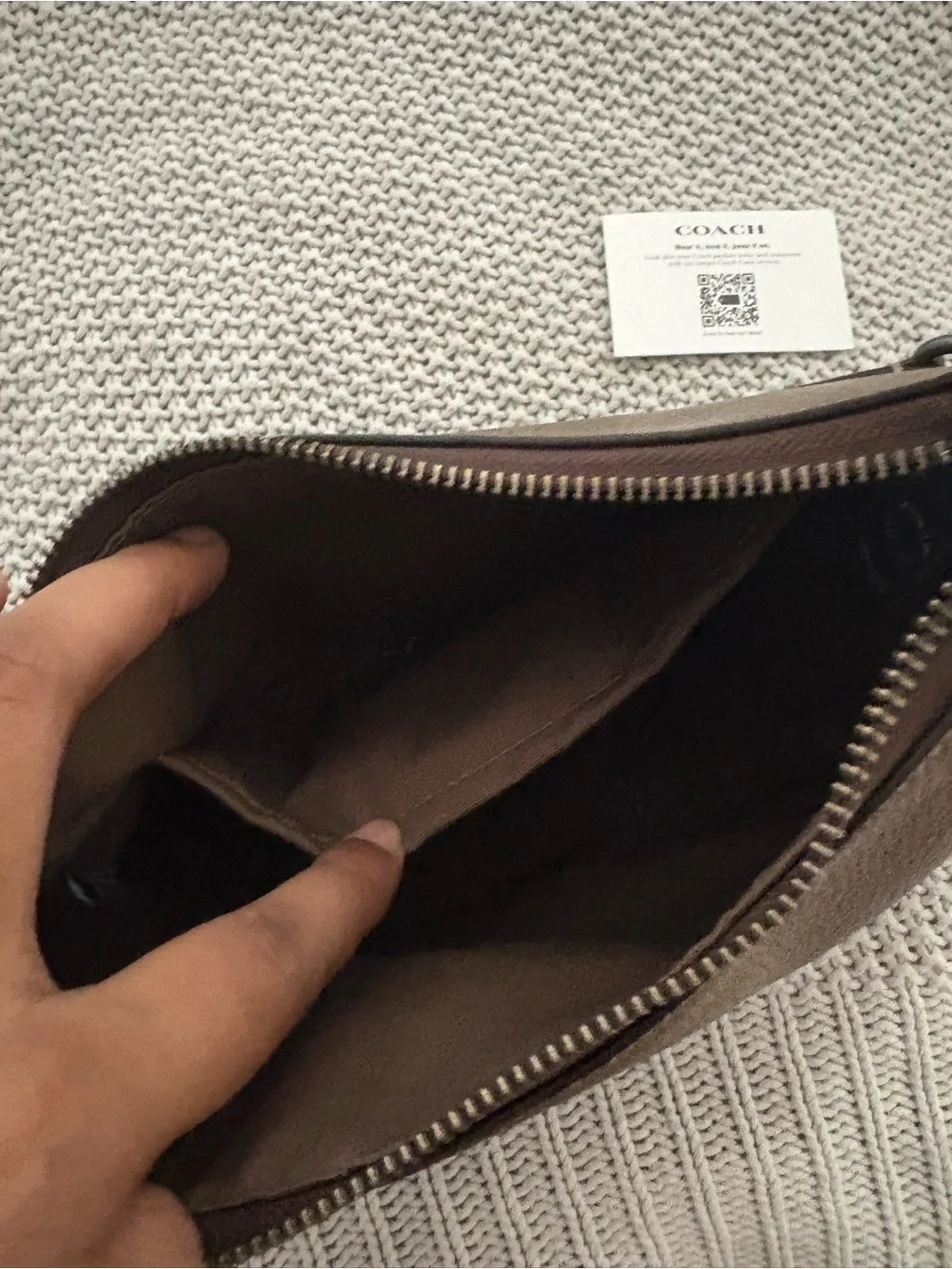 Coach Pebbled Leather Shoulder Bag in Taupe Brown with Gunmetal Chain
